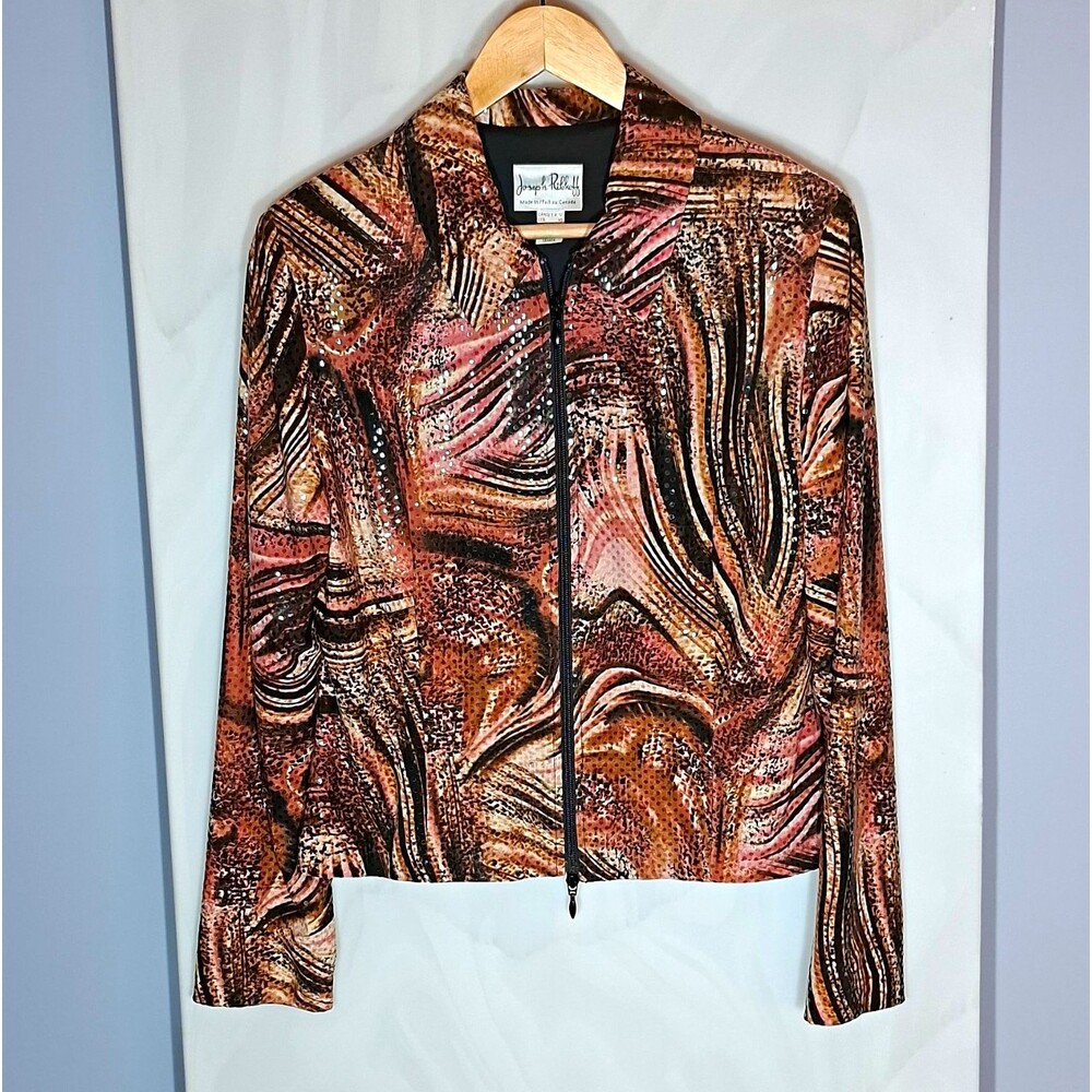 Joseph Ribkoff Jacket Sz 12 Brown Pink Abstract Sequin Shimmer Art to Wear Glam